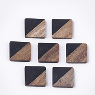 Resin & Walnut Wood Cabochons, Square, Black, 20x20x3.5mm(RESI-S358-90D)