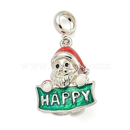 Anti-Tarnish Rhodium Plated 925 Sterling Silver Enamel Christmas European Dangle Charms, Santa Claus Large Hole Pendants, Platinum, Green, 26mm, Hole: 4mm(STER-Z010-02P-02B)