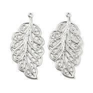 Brass Pendants, Leaf Charms, Real Platinum Plated, 33.5x17x0.5mm, Hole: 1mm(KK-L208-23P)