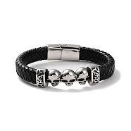 Men's Braided Black PU Leather Cord Bracelets, Halloween 3 Skull 304 Stainless Steel Link Bracelets with Magnetic Clasps, Antique Silver, 8-1/2 inch(21.7cm)(BJEW-K243-18AS)