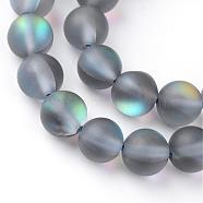 Synthetic Moonstone Beads Strands, Holographic Beads, Dyed, Frosted, Round, Gray, 6mm, Hole: 1mm, about 60~62pcs/strand, 14~15 inch(G-R375-6mm-A03)