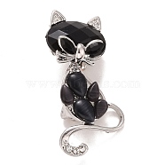 Rhinestone Cat Badge, Animal Alloy Lapel Pin for Backpack Clothes, Platinum, Jet, 44x20x8mm, Pin: 0.7mm(JEWB-E013-08P)