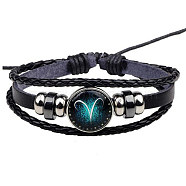 Constellation Glass Link Multi-strand Bracelet, PU Leather Braided Triple Layer Gothic Bracelet for Men Women, Aries, 7-1/8~9-7/8 inch(18~25cm)(ZODI-PW0001-041A)