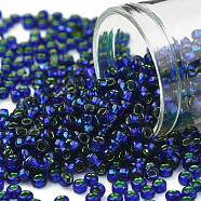 TOHO Round Seed Beads, Japanese Seed Beads, (2203) Green Lined Cobalt, 8/0, 3mm, Hole: 1mm, about 222pcs/10g(X-SEED-TR08-2203)