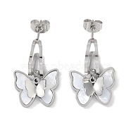 Butterfly 304 Stainless Steel Shell Stud Earrings, Dangle Earrings for Women, Stainless Steel Color, 24x15mm(EJEW-L283-026P)