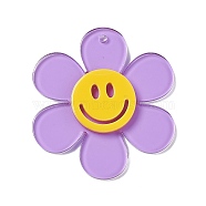 Transparent Acrylic Big Pendants, Sunflower with Smiling Face Charm, Lilac, 55x50.5x6mm, Hole: 2.5mm(OACR-P012-A02)