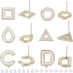 BENECREAT 12Pcs 6 Styles Brass Stud Earring Findings, with Shell and Loops, 925 Sterling Silver Pins, Nickel Free, Creamy White, Square & Triangle & Teardrop & Letter D & Letter C & Ring, Real 18K Gold Plated, Earring Finding: 11~16.5x11~14mm, 2pcs/style, Ear Nuts: 4x4mm(KK-BC0009-08)