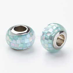 304 Stainless Steel Resin European Beads, with Shell and Enamel, Rondelle, Large Hole Beads, Turquoise, 12x8mm, Hole: 5mm(RPDL-P002-A10)