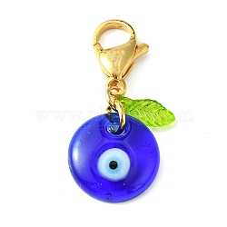Blue Evil Eye Lampwork Pendant Decorations, Acrylic Leaf and 304 Stainless Steel Lobster Claw Clasp Charm, Golden, 35mm(HJEW-JM01562)
