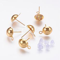 Iron Stud Earring Findings, with Loop and Plastic Ear Nuts/Earring Backs, Golden, 10mm, Hole: 1mm, Pin: 1mm(IFIN-F136-10mm-08G)