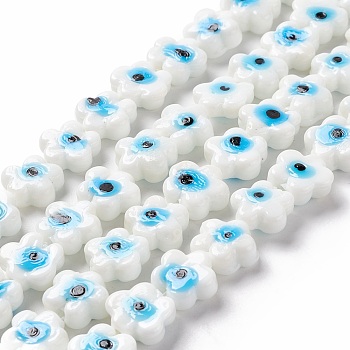 Handmade Evil Eye Lampwork Beads Strands, Flower, White, 11~11.5x12x4.5~5.5mm, Hole: 1.2mm, about 32~33pcs/strand, 14.17~14.57 inch(36~37cm)