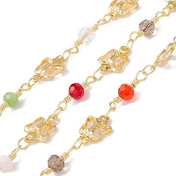 Handmade Eco-friendly Brass Butterfly Link Chain, with Glass Beaded, Real 18K Gold Plated, Lead Free & Cadmium Free, Soldered, with Spool, Colorful, 11x7x2mm, 13x4m