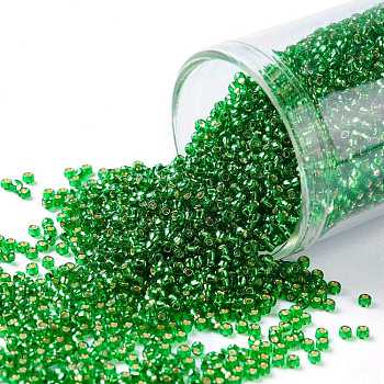 TOHO Round Seed Beads, Japanese Seed Beads, (27B) Silver Lined Grass Green, 15/0, 1.5mm, Hole: 0.7mm, about 15000pcs/50g