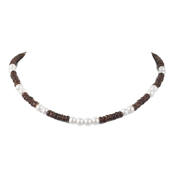 Natural Coconut Column and Shell Pearls Bead Necklaces for Women, Coconut Brown, Inner Diameter: 16.34 inch(41.5cm)