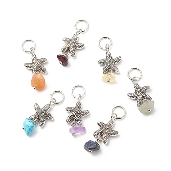 7Pcs 7 Styles Chakra Natural & Synthetic Mixed Stone Chips Alloy Pendants, Natural Green Aventurine & Garnet & Red Aventurine & Lapis Lazuli & Amethyst & Citrine, Synthetic Turquoise, Starfish Charm, 24.5~26mm, Hole: 5.7mm, 7pc/set
