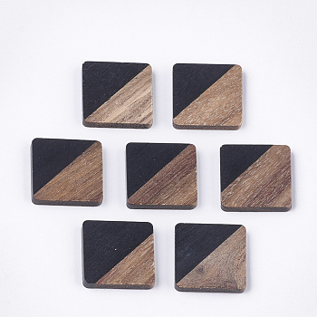 Resin & Walnut Wood Cabochons, Square, Black, 20x20x3.5mm