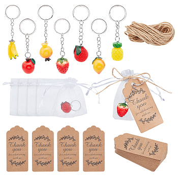 PandaHall Elite 28Pcs 7 Style Fruit Resin Pendants Keychains, with 30Pcs Paper Gift Tags, 30Pcs Organza Gift Bags, Mixed Color, 8.5cm, 88pcs/bag