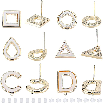 BENECREAT 12Pcs 6 Styles Brass Stud Earring Findings, with Shell and Loops, 925 Sterling Silver Pins, Nickel Free, Creamy White, Square & Triangle & Teardrop & Letter D & Letter C & Ring, Real 18K Gold Plated, Earring Finding: 11~16.5x11~14mm, 2pcs/style, Ear Nuts: 4x4mm