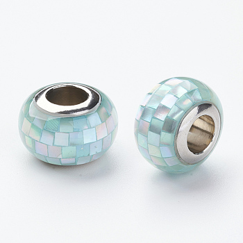 304 Stainless Steel Resin European Beads, with Shell and Enamel, Rondelle, Large Hole Beads, Turquoise, 12x8mm, Hole: 5mm