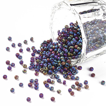12/0 Grade A Round Glass Seed Beads, Transparent Frosted Style, AB Color Plated, Iris, Midnight Blue, 2x1.5mm, Hole: 0.8mm, about 30000pcs/bag