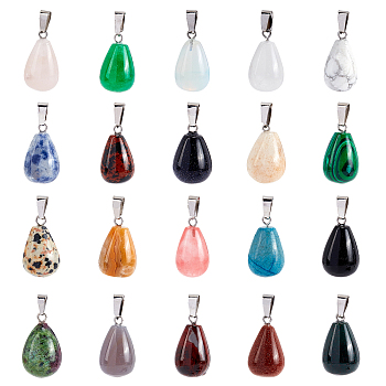 teardrop, Natural & Synthetic Mixed Stone Pendants, with Platinum Tone Brass Findings, 21~24x12~14mm, Hole: 2x7mm, 20pcs/box