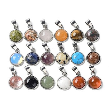 Natural & Synthetic Mixed Stone Pendants, Half Round/Dome Charms with Stainless Steel Color Plated 304 Stainless Steel Frame, 15.5x11.5x4.5~5mm, Hole: 3.5x6.5mm