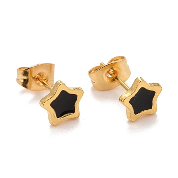 304 Stainless Steel Enamel Stud Earrings, with 316 Surgical Stainless Steel Pin, Golden, Star, Black, 7x7x1.5~2mm, Pin: 0.8mm