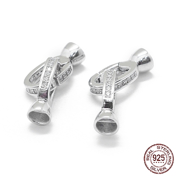 Rhodium Plated 925 Sterling Silver Key Clasps, with Cubic Zirconia, Fold Over Clasps, with 925 Stamp, Clear, Platinum, 29.5mm, Clasp: 16.5x8.5x6mm, Inner Diameter: 4mm