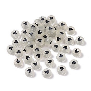 Luminous Acrylic Beads, Glow in the Dark, Flat Round with Heart, Black, 7x3.5mm, Hole: 1.2mm, about 3600pcs/500g