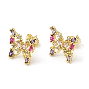 Colorful Cubic Zirconia Butterfly Stud Earrings, Brass Jewelry, Lead Free & Cadmium Free, Real 18K Gold Plated, 12x13mm