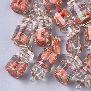 Glass Bottle Pendants, with Resin & Polymer Clay & Iron Findings, Strawberry, Platinum, Salmon, 28~29x15mm, Hole: 2mm