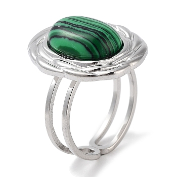 304 Stainless Steel Ring, Adjustable Synthetic Malachite Rings, Oval, 17.5x22mm, Inner Diameter: Adjustable