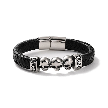 Men's Braided Black PU Leather Cord Bracelets, Halloween 3 Skull 304 Stainless Steel Link Bracelets with Magnetic Clasps, Antique Silver, 8-1/2 inch(21.7cm)