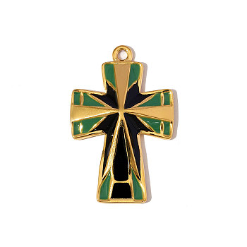 304 Stainless Steel Enamel Pendants, Cross Charms, Ion Plating(IP), Real 18K Gold Plated, 31x20mm