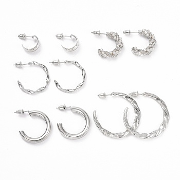 C-shape Stud Earrings, Imitation Pearl Beads Half Hoop Earrings, Alloy Open Hoop Earrings for Women, Platinum, 13~35.5x3~7mm, Pin: 0.8mm, 5 pairs/set