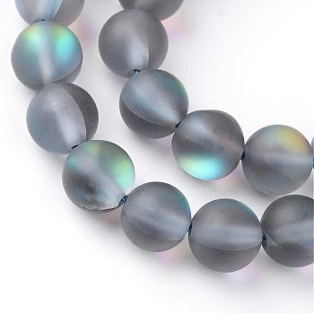 Synthetic Moonstone Beads Strands, Holographic Beads, Dyed, Frosted, Round, Gray, 6mm, Hole: 1mm, about 60~62pcs/strand, 14~15 inch