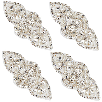 Alloy Glass Rhinestone Cloth Cabochons, Costume Accessories, Appliques, Flower, Silver, 41x96~102x7mm