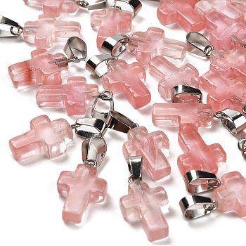 Cherry Quartz Glass Pendants, with Stainless Steel Color Plated 201 Stainless Steel Snap on Bails, Cross, 19.5~21x11.5~12.5x4~5mm, Hole: 8x4mm