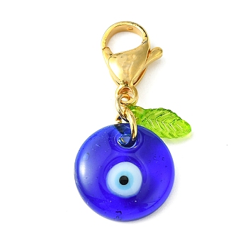 Blue Evil Eye Lampwork Pendant Decorations, Acrylic Leaf and 304 Stainless Steel Lobster Claw Clasp Charm, Golden, 35mm