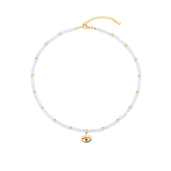 Natural Amazonite Beaded Necklaces, with Golden Plated Metal Eye Charms, 15.75 inch(40cm), Charm: 13.7x13.8mm