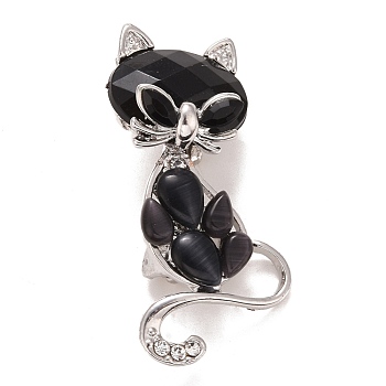 Rhinestone Cat Badge, Animal Alloy Lapel Pin for Backpack Clothes, Platinum, Jet, 44x20x8mm, Pin: 0.7mm
