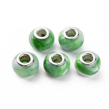 Opaque Resin European Beads, Large Hole Beads, Imitation Gemstone Style, with Silver Tone Brass Double Cores, Rondelle, Green, 14x9.5mm, Hole: 5mm
