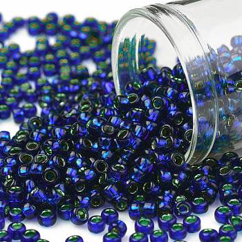 TOHO Round Seed Beads, Japanese Seed Beads, (2203) Green Lined Cobalt, 8/0, 3mm, Hole: 1mm, about 222pcs/10g