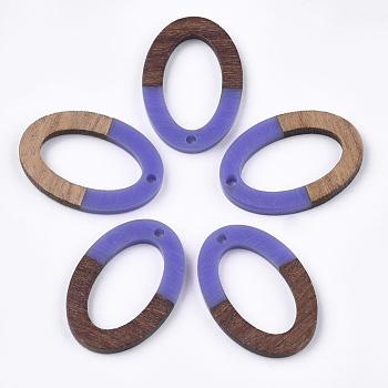 Resin & Walnut Wood Pendants, Oval, Mauve, 28.5x19.5x3~4mm, Hole: 1.8mm