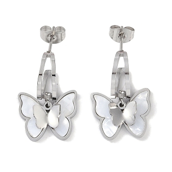 Butterfly 304 Stainless Steel Shell Stud Earrings, Dangle Earrings for Women, Stainless Steel Color, 24x15mm