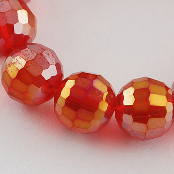 Electroplate Glass Bead Strands, AB Color Plated, Faceted(96 Facets), Round, Red, 10mm, Hole: 1mm, about 72pcs/strand, 26 inch