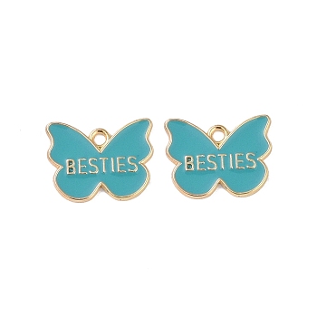 Alloy Enamel Pendants, Cadmium Free & Lead Free, Golden, Butterfly with Word Besties Charm, Dark Turquoise, 15.5x20x1.5mm, Hole: 2mm