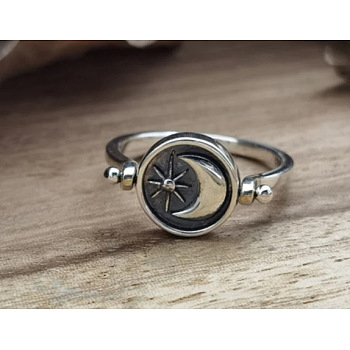 Zinc Alloy Finger Two Sided Rotatable Finger Rings, Oval & Sun & Moon, Fidget Spinner Rings for Calming Worry Meditation, Platinum, US Size 7(17.3mm)
