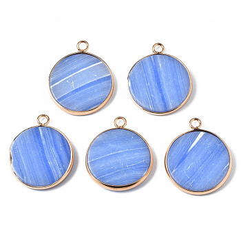 Synthetic Sodalite Pendants, with Golden Plated Brass Edge and Loop, Flat Round, 25x21x3.5mm, Hole: 2mm