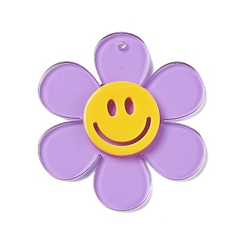 Transparent Acrylic Big Pendants, Sunflower with Smiling Face Charm, Lilac, 55x50.5x6mm, Hole: 2.5mm